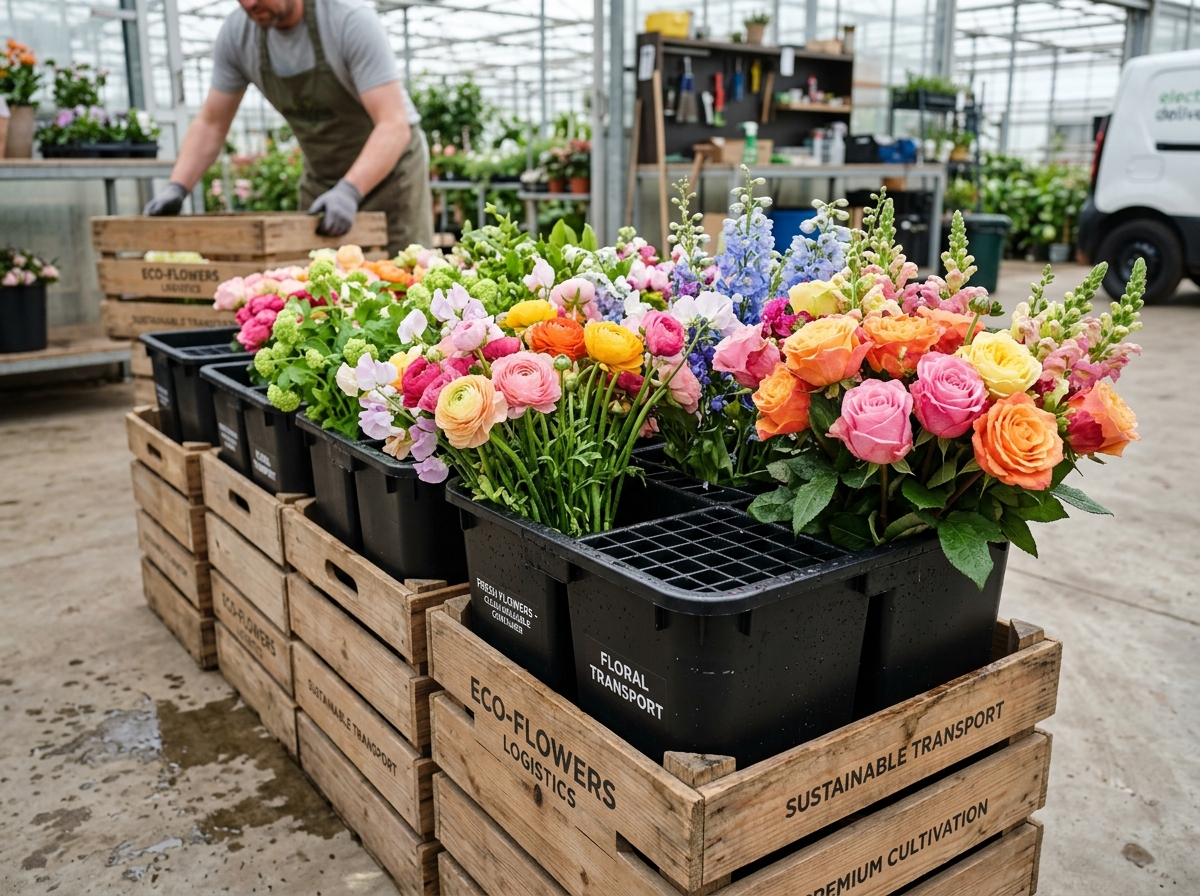 Bacs de transport sous eau réutilisables contenant des fleurs fraîches françaises